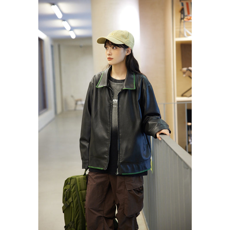 Unisex Pu Jacket Retro PU Leather Coat Loose All-Match