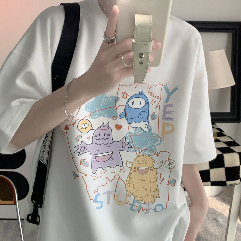 Men's T Shirt Loose Cartoon Graffiti Cute Style