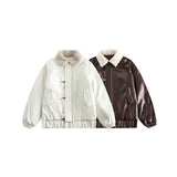 Unisex Coat Lamb Fur Lapel Winter PU Leather