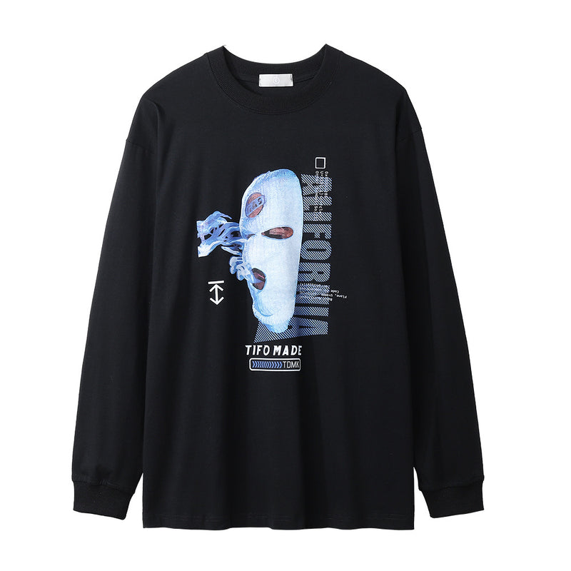 Men Long Sleeve T-Shirt Spoof Masked Man like Printing Hip Hop Loose
