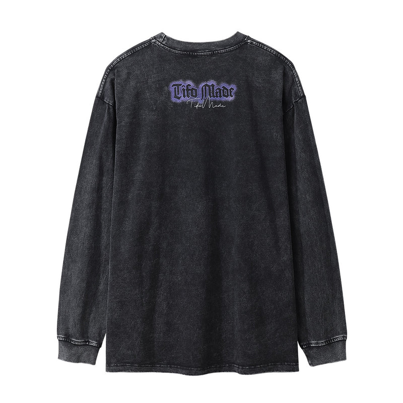 Men Long Sleeve T-shirt Abstract Printing Rock Washed Distressed T-shirt