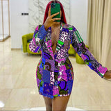 Women Dress Suit Collar Printed Long Sleeve Dress