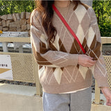 Women Pullover Sweater Soft Glutinous Rhombus Loose Pullover