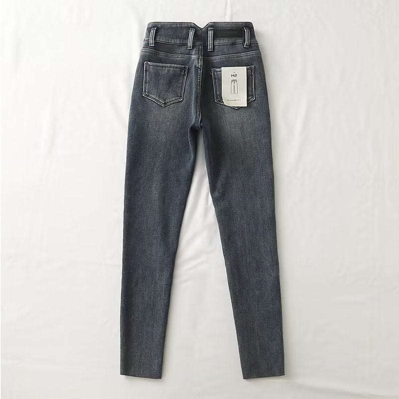 Women Jeans Fleece-lined Thick Thermal Slim Fit Raw Edges