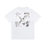 Off White T Shirts OW Headphones Flower Pattern Crew Neck Pullover Short Sleeves