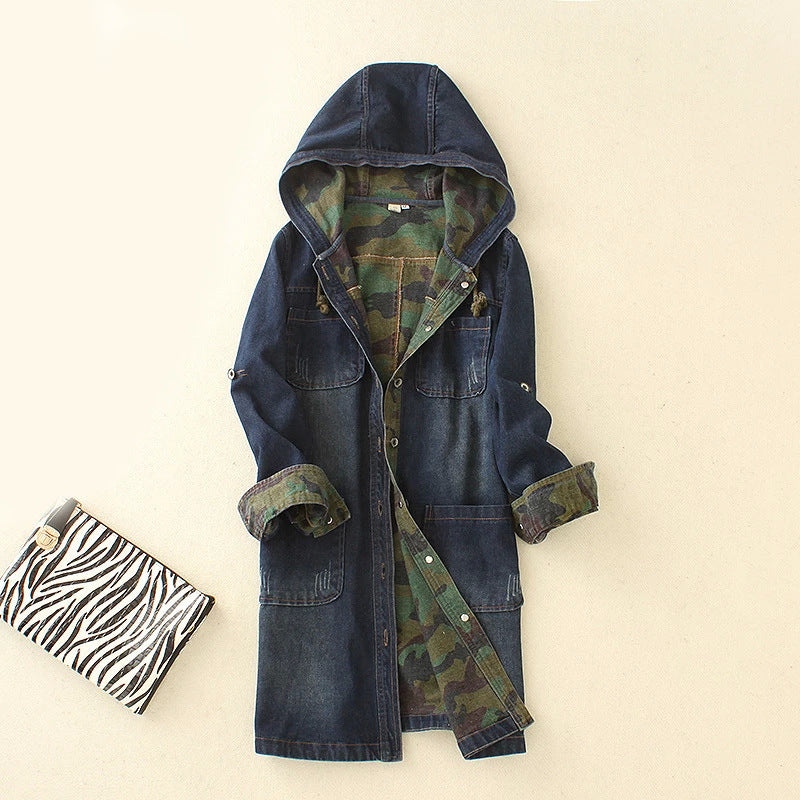 Women Trench Coat Denim Hooded Jacket