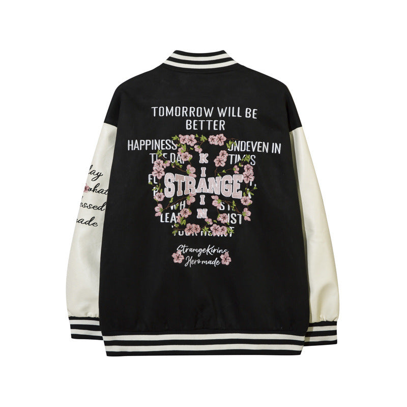 Women Jackets Floral Embroidered Baseball Uniform Loose PU Leather