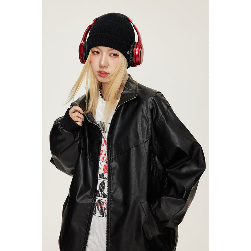 Unisex Pu Jacket Loose Slimming Locomotive Style PU Leather