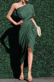 Women Dress Slant-Shoulder Pleated Gown Dress