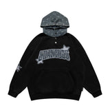 Men Fleece Lined Hoodie Cowboy Patchwork Hoodie Male Letter Five-Pointed Star Hat Loose