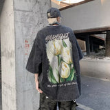 Men T Shirt Tulip Vintage Print Heavy Loose