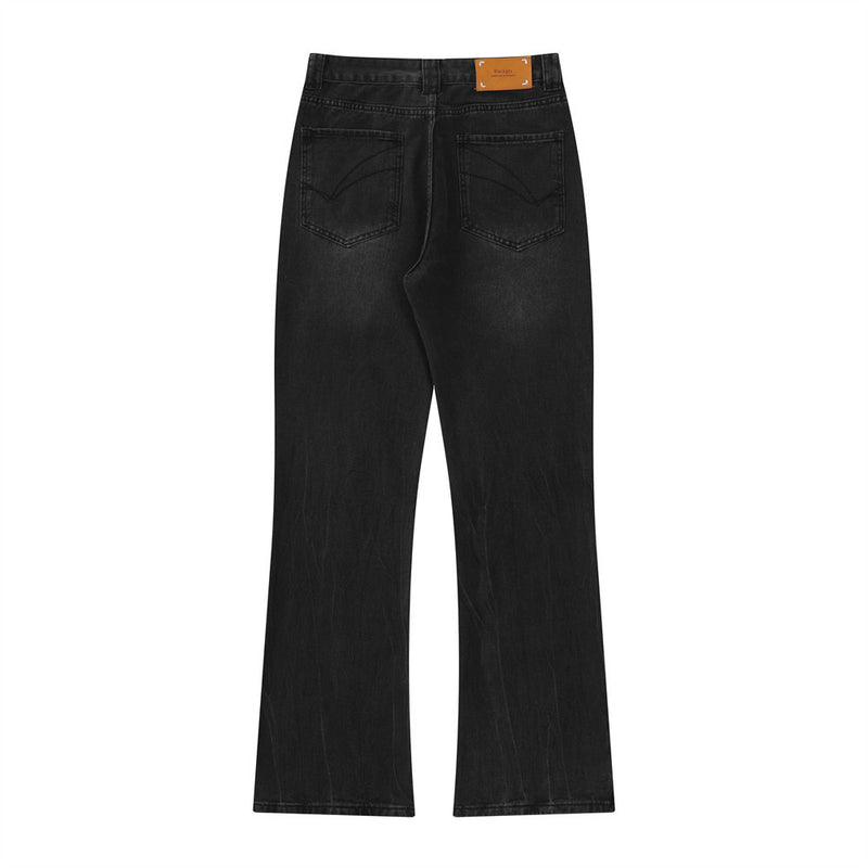 Men Jeans Embroidery Bell-Bottom Pants All-Match Pleated Bright White