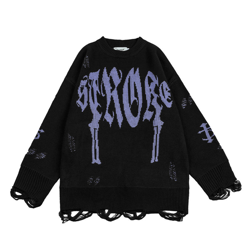 Men Sweater Hip Hop Crocheted Ripped Crew Neck Sweater