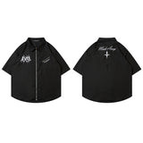Short Sleeve Shirt Solid Color Tooling Zipper Lining Loose