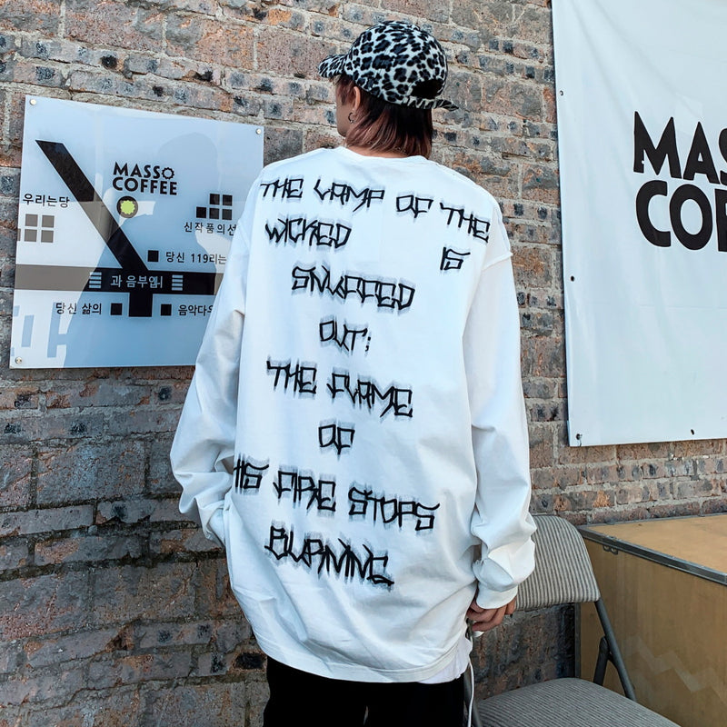 Men Long Sleeve T-Shirt Fleece-Lined Oil Painting Printed Back Letter Printing plus Velvet Long Sleeve