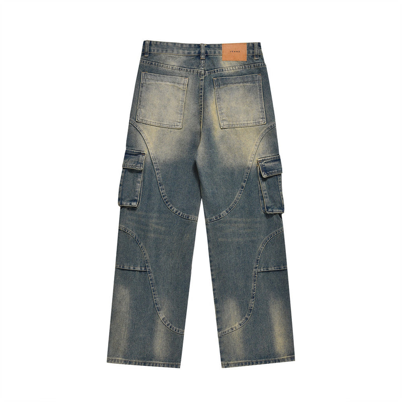 Men Jeans Cargo Pocket Personality Stitching