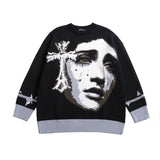 Women Sweater Contrast Color Cross Knitted Sweater Oversize