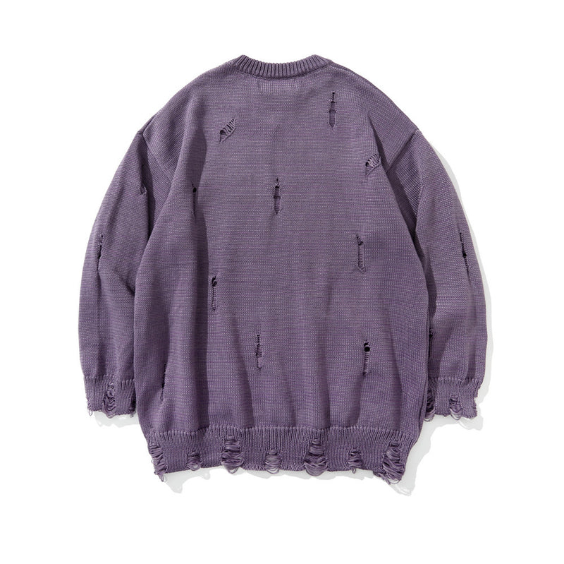 Men Sweater Dark Print Ripped Sweater Loose
