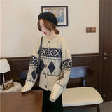 Women Knitted Cardigan Vintage Rhombus Thickened Coat