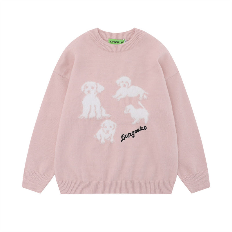 Men Sweater Hip Hop Puppy Jacquard Loose round Neck Sweater