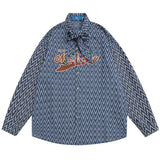 Men Long Sleeved T Shirt Cartoon Letter Embroidered Neckline Long Sleeve Shirt Trendy Loose Striped Shirt