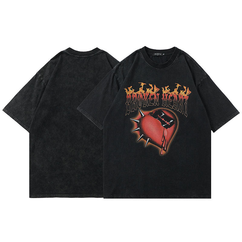 Men T-Shirt Retro Distressed Flame Heart Printing Oversize