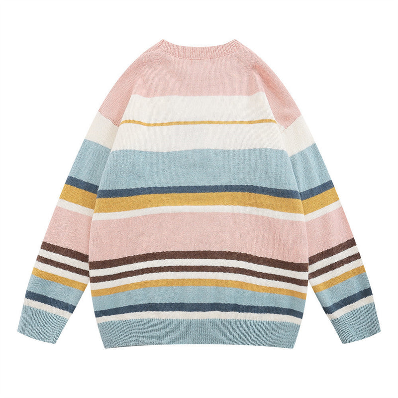 Men Sweater Flocking Color Striped Sweater Loose