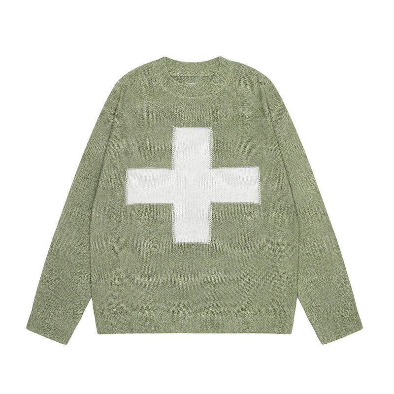 Kapital Sweater Hida Hehong Cross Pattern Ripped round Neck Sweater Pullover Long Sleeve Sweater