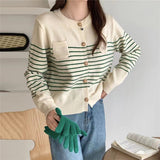 Women Knitted Cardigan Vintage Stripe Knitted Cardigan Sweater