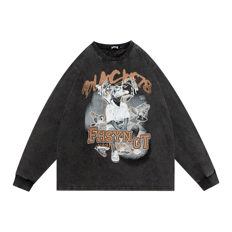 Men Long Sleeve T-Shirt Character Printed Distressed round Neck