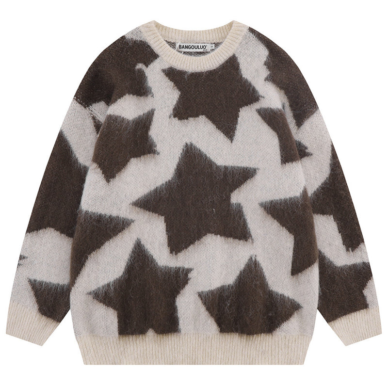 Men Sweater Five-Pointed Star Jacquard Crew Neck Sweater