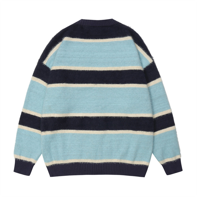 Men Sweater plus Velvet Contrast Color Striped V-neck Cardigan Sweater