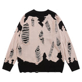 Women Sweater Retro Tattered Jeans Contrast Color Knitted Sweater