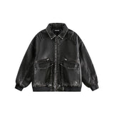 Unisex Coat PU Leather Winter Coat Distressed Warm