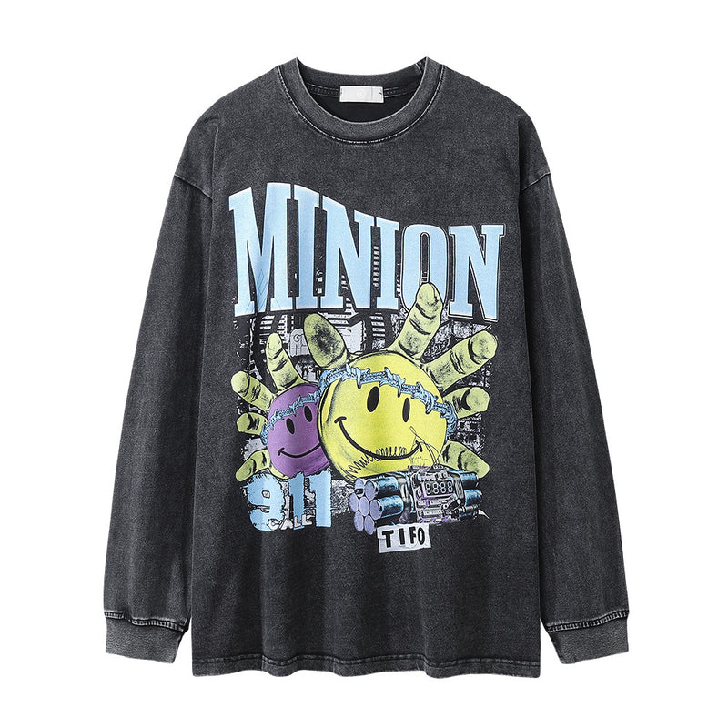 Men Long Sleeve T-Shirt Spoof Smiley Face Printing Hip Hop Loose Distressed