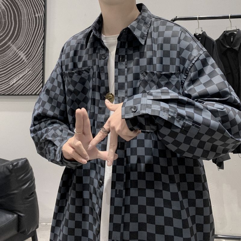 Men Shirts Chessboard Grid Handsome Fashion