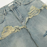 Men Jeans Raw Hem Ripped Stitching Loose