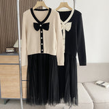 Women Dresses Stitching Gauze Knitting Dress Bow