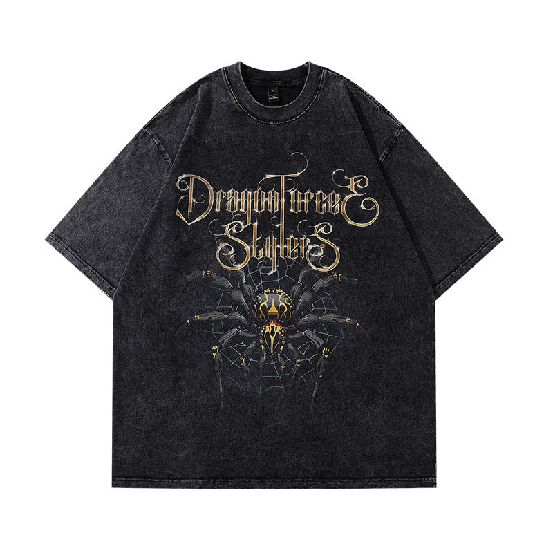 Men T-Shirt Spider Print Short Sleeve Distressed