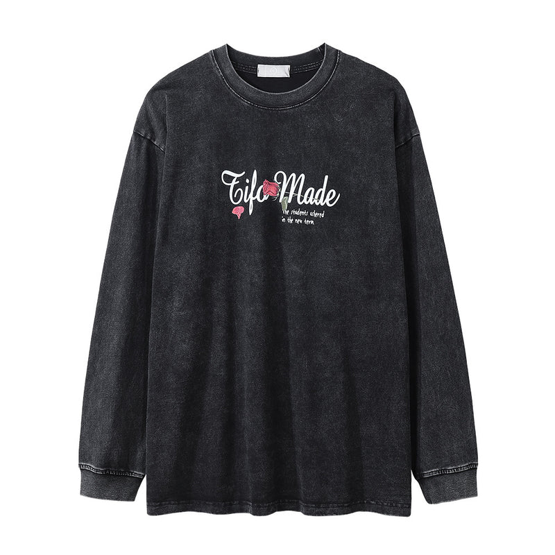 Men Long Sleeve T-Shirt Rose Pattern Loose Casual Distressed