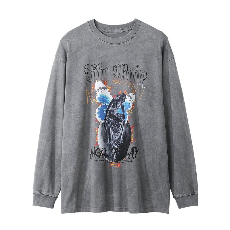 Men Long Sleeve T-shirt Angel Print Loose Distressed