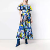 Bohemian Dress Fashion Printed Young off-Shoulder Long Cinched Swing Dress