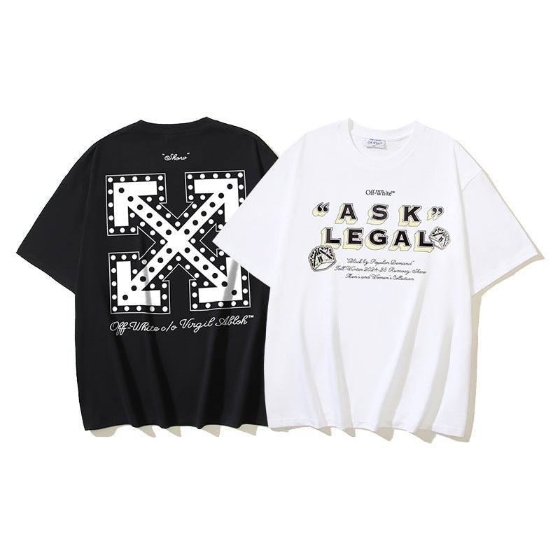 Off White T Shirts OW Polka Dot Letter Pattern Round Neck Pullover Short Sleeves