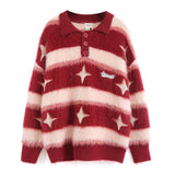 Women Sweater Contrast Color Striped Couple Knitted Top Polo Shirt