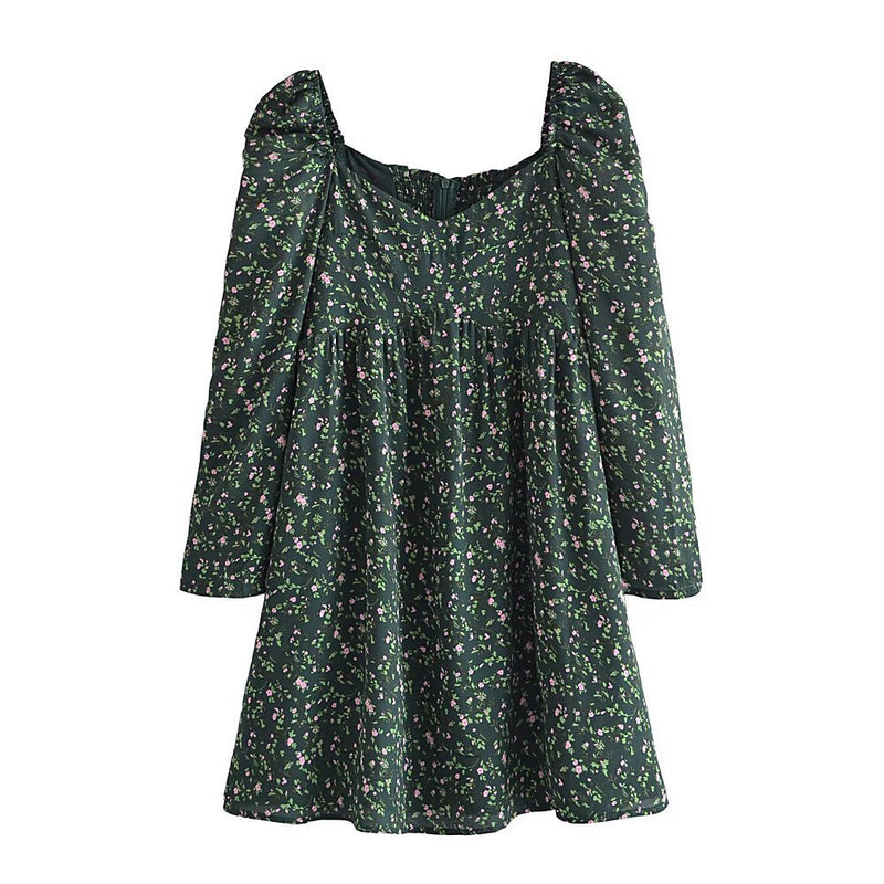 Women Dresses French Retro Square Collar Small Floral Dresses
