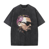 Rapper Chris Brown Big Face Graphic Vintage Washed T-Shirts