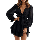 Valentine's Day Dress Autumn Long Sleeve Ruffled Solid Color Dress for Women