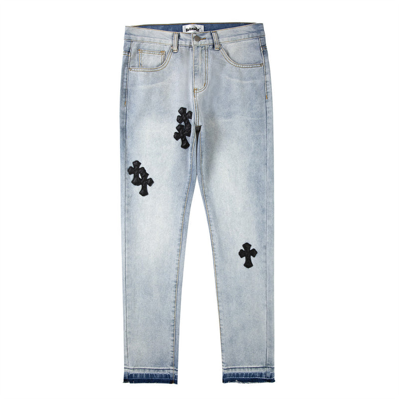 Men Jeans Leather Embroidered Cross Casual Loose
