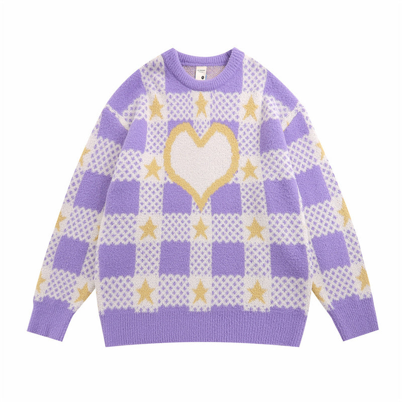 Men Sweater Velvet Padded Sweater Loose Crew Neck Sweater Plaid Love Heart