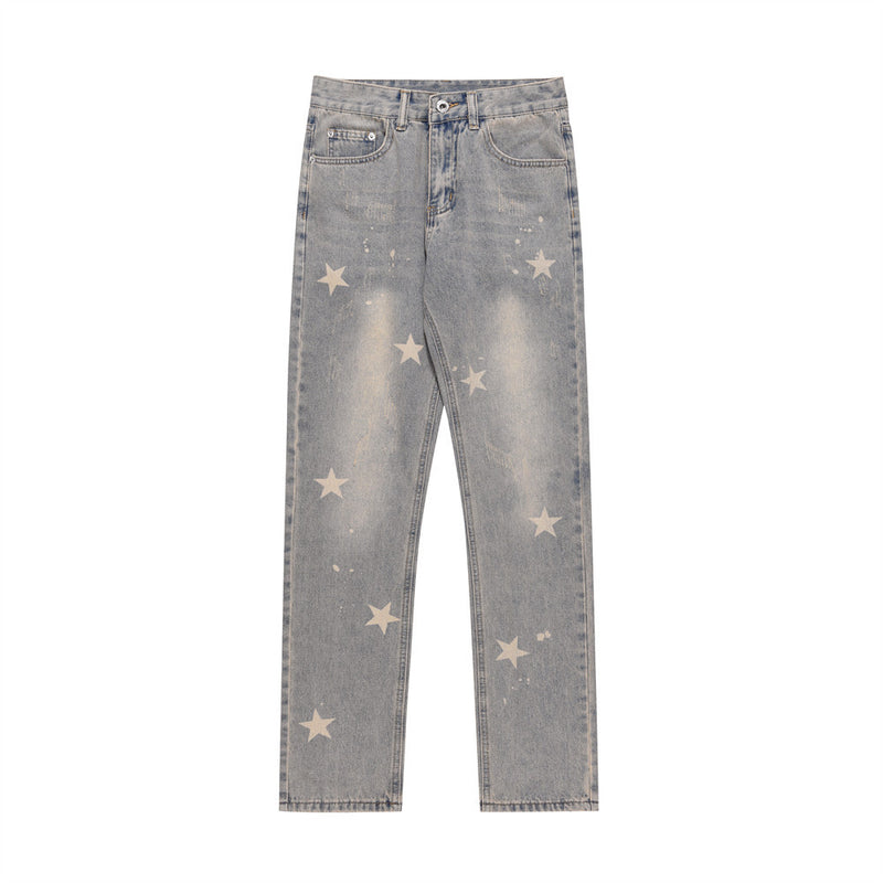 Men Jeans Trendy Five-Pointed Star Printing Distressed Loose Casual